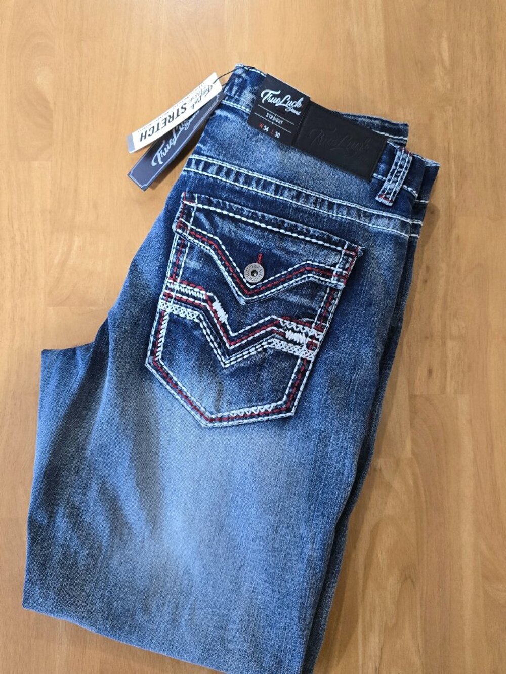 True Luck Men's Classic Stretch Straight Jeans Sz‎ 34x30 Button Flap Pockets NWT